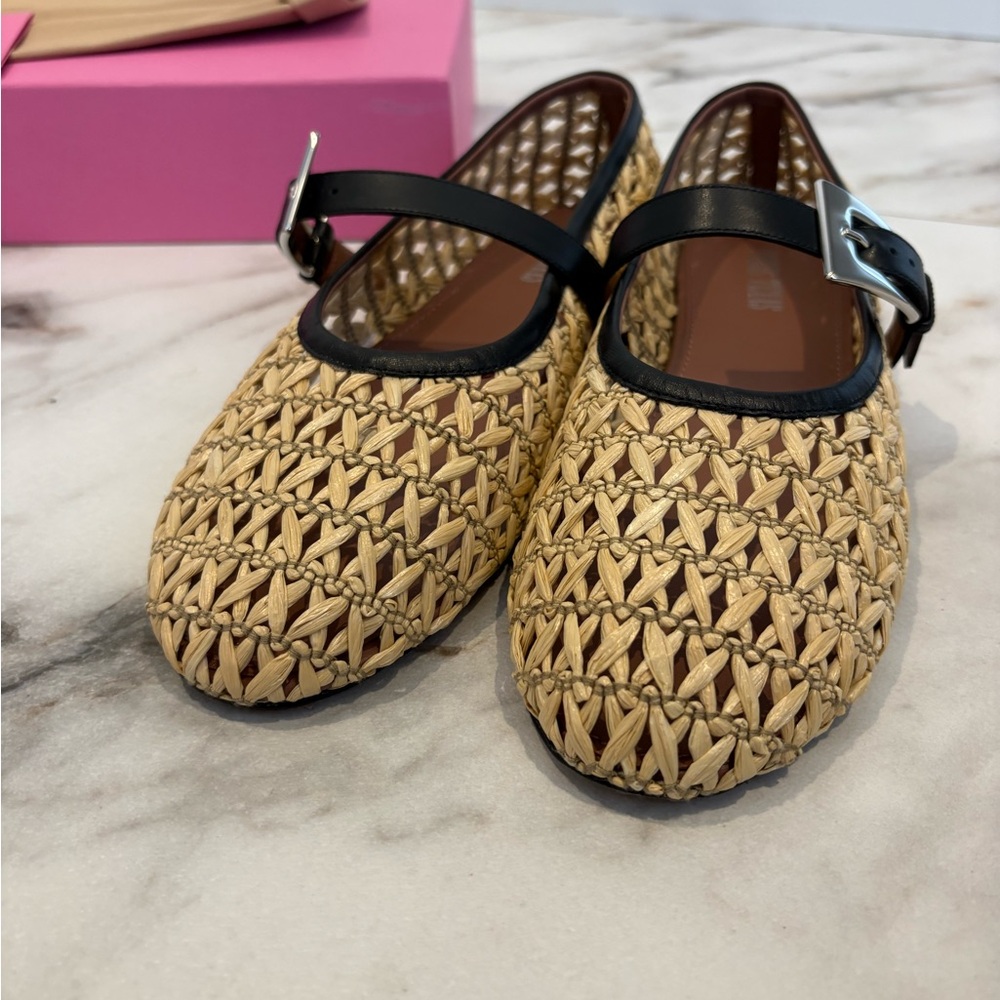 Paris Texas Sveva Raffia Buckle Ballerina Flats Beige Black NWT 39.5